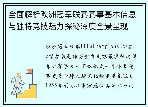 全面解析欧洲冠军联赛赛事基本信息与独特竞技魅力探秘深度全景呈现